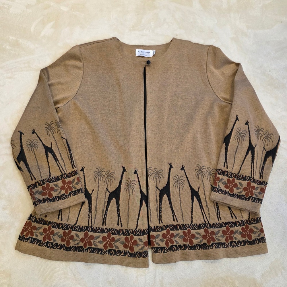 Vtg Alfred Dunner Safari Giraffe Jacket Womens L Brown Knit Blazer Made In USA